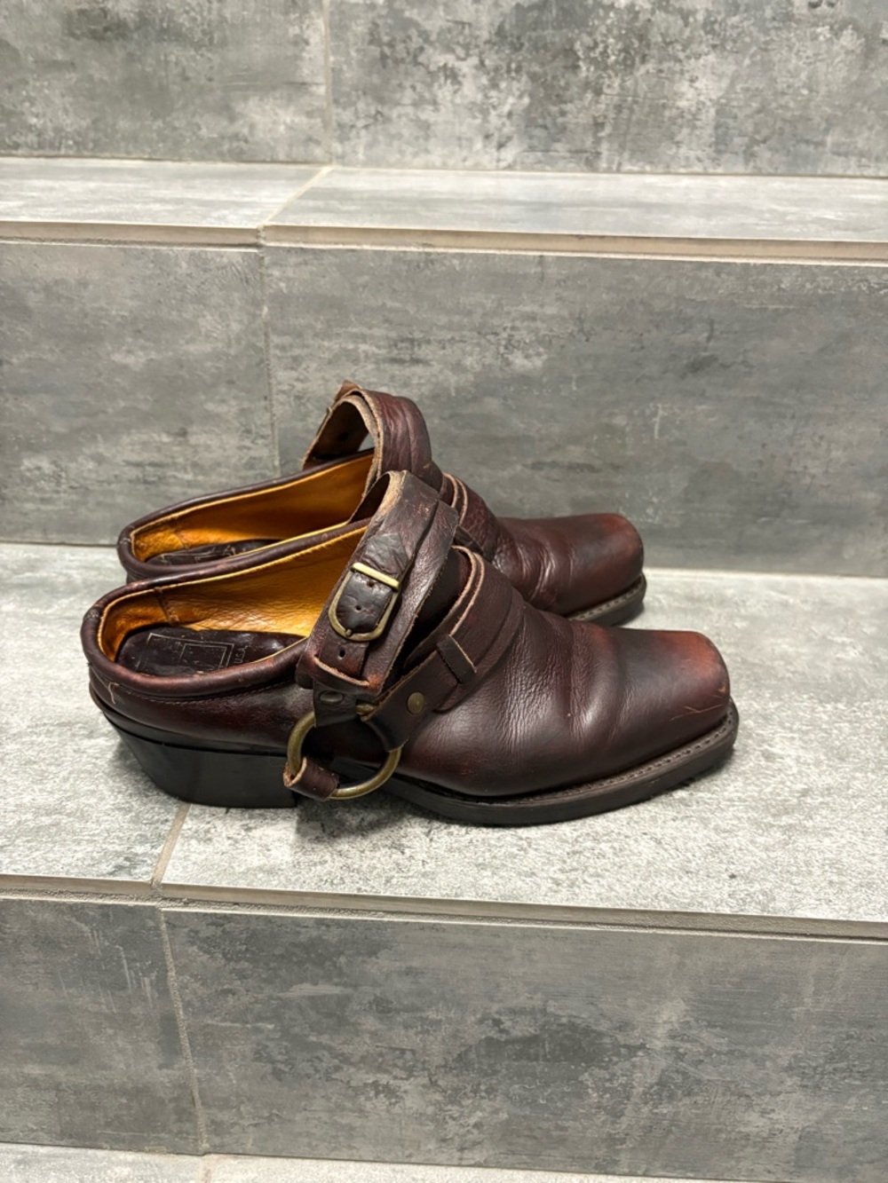 Vtg FRYE Brown Leather Harness Belt Mules Western Cowboy Slides Ankle Boots 8.5 - Picture 5 of 8